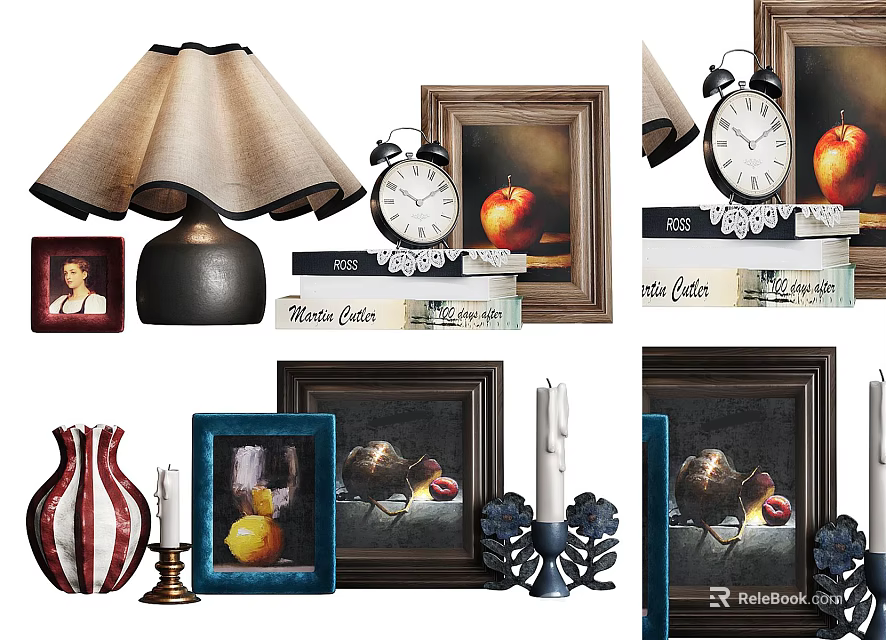 Elegant Decorative Ornament Set With Table Lamp Frames Clock Vase Candle And Paintings 3d model 
