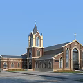 European Style Church Architecture With Red Brick Steeple Cross Arched Windows And Trees