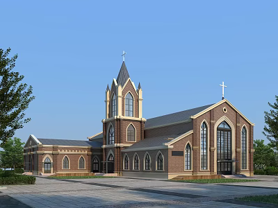 European Style Church Architecture With Red Brick Steeple Cross Arched Windows And Trees 3d model