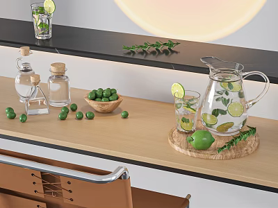 Elegant Glass Tea Set With Fresh Lime Slices And Wooden Tray On Countertop 3d model