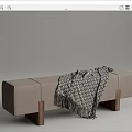 Upholstered Bench With Beige Teal Fabric Wooden Legs And Patterned Blanket