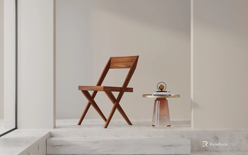 Modern Wooden Dining Chair With X Shaped Legs In Minimalist Interior With Side Table 3d model 
