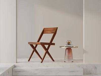 Modern Wooden Dining Chair With X Shaped Legs In Minimalist Interior With Side Table 3d model