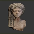 Ancient Egyptian Female Head Bust Sculpture With Woven Headdress And Painted Facial Features