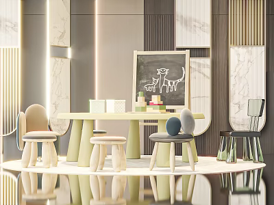 Cozy Kids Room Interior With Children's Chairs Table Blackboard And Building Blocks 3d model