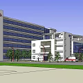 Modern Hospital Exterior Design With Glass Curtain Wall Red Cross Symbol And Entrance Canopy