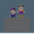 Trendy Block Style Toy Dolls with Purple Yellow Hats Blue Purple Overalls on Blue Grid