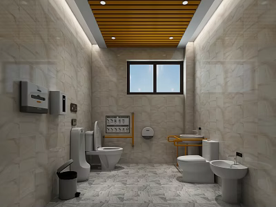 Public Restroom With Marble Walls Wooden Ceiling Window And Clean Facilities 3d model