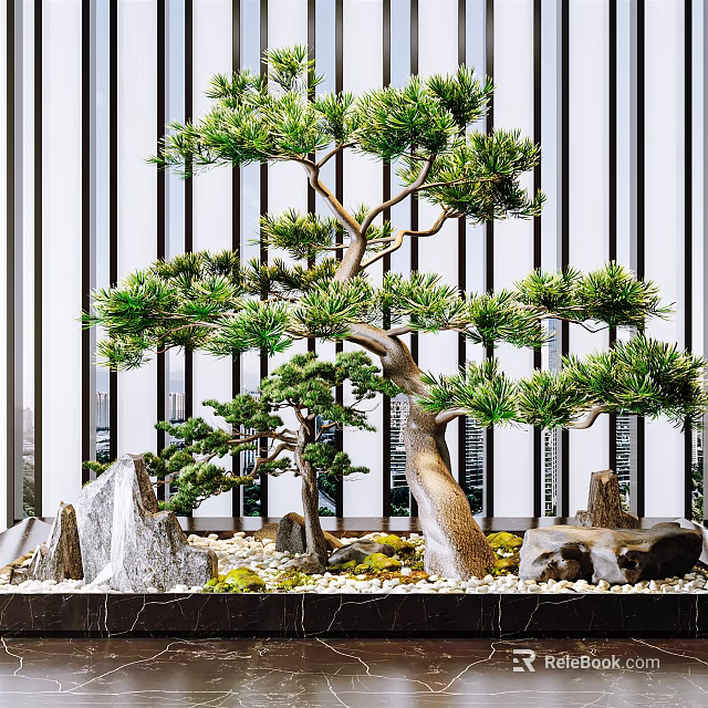 Artistic Bonsai Plant With Lush Pine Branches Decorative Rocks And Natural Moss 3d model 