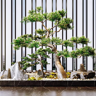 Artistic Bonsai Plant With Lush Pine Branches Decorative Rocks And Natural Moss 3d model