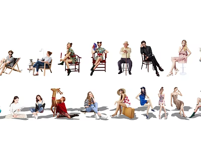 Group of People in Diverse Poses Sitting and Standing with Casual Attire 3d model