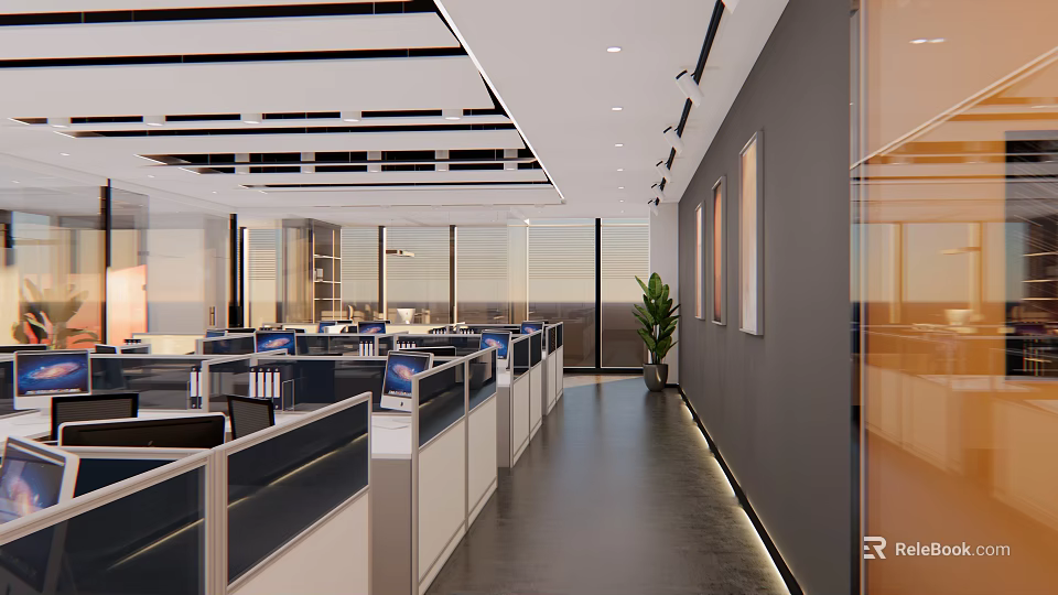 Modern Public Office Workspace Interior With Cubicles Computers Large Windows And Indoor Plants 3d model