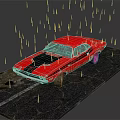 Shiny Red Classic Muscle Car With Black Stripe On Wet Muddy Platform In Rain