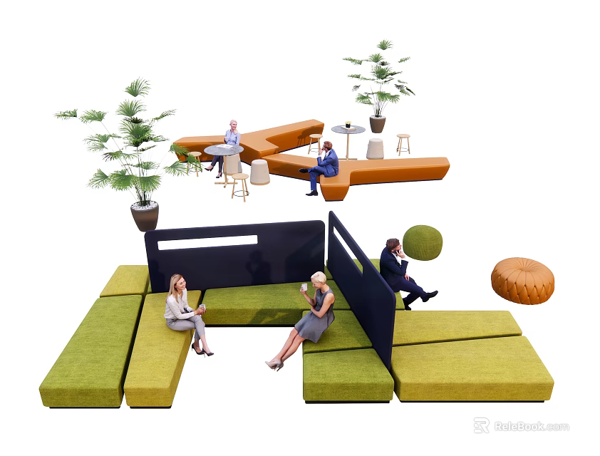 Green Sectional Sofa In Modern Lounge Space With People Sitting And Potted Plants 3d model 