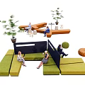 Green Sectional Sofa In Modern Lounge Space With People Sitting And Potted Plants