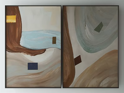 Abstract Painting With Dual Panels Soft Curved Lines And Color Blocks In Brown Blue Tones 3d model