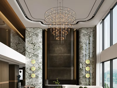 Duplex Living Room Interior With Crystal Chandelier Marble Walls And Floor To Ceiling Windows 3d model