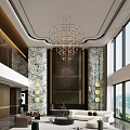 Duplex Living Room Interior With Crystal Chandelier Marble Walls And Floor To Ceiling Windows