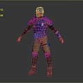 3D Character Model Wearing Blue Armor Helmet Shoulder Pads Brown Pants Gray Boots