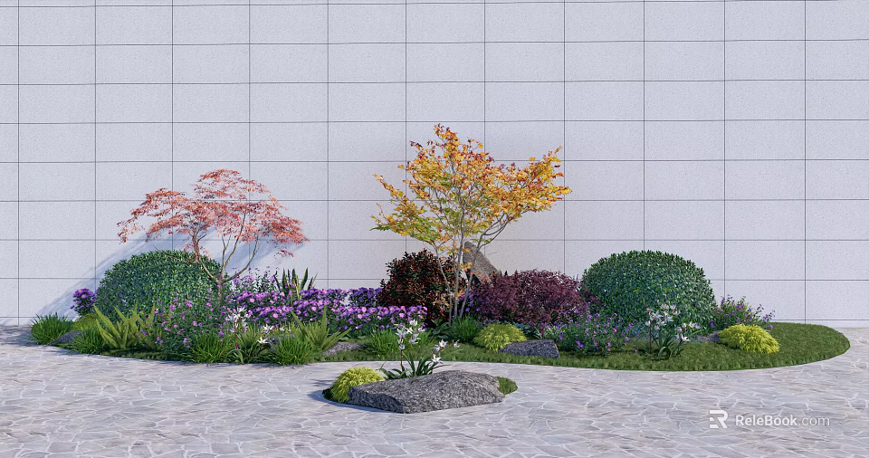 Diverse Flowers And Plants With Shrubs Trees And Stone Decor Against White Wall 3d model 