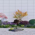Diverse Flowers And Plants With Shrubs Trees And Stone Decor Against White Wall