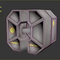 Cartoon Scene Of Silver Metallic Geometric Structure With Hexagonal Panels And Yellow Red Circular Symbols