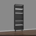 Black Storage Shelf Unit with White Shelves in Room with White Wall and Wooden Floor