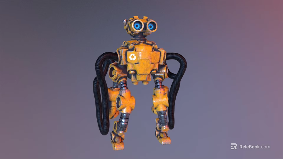 Yellow Robot Mechanical Creature With Large Blue Eyes Black Tubes And Metal Structure 3d model 