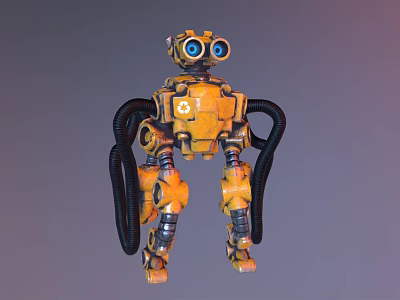 Yellow Robot Mechanical Creature With Large Blue Eyes Black Tubes And Metal Structure 3d model