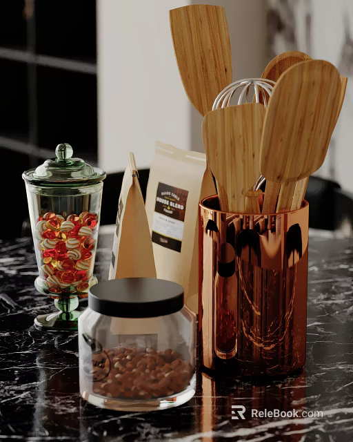 Elegant Kitchen Decorative Ornament Set With Glass Jar Wooden Spoons And Metal Container 3d model 