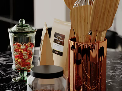 Elegant Kitchen Decorative Ornament Set With Glass Jar Wooden Spoons And Metal Container 3d model