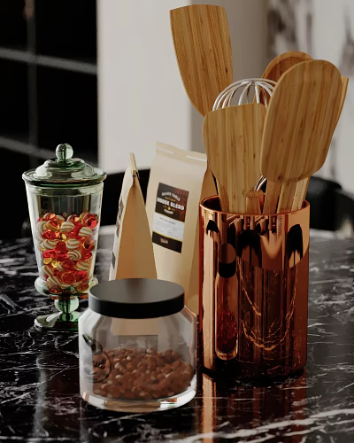 Elegant Kitchen Decorative Ornament Set With Glass Jar Wooden Spoons And Metal Container 3d model