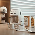 Modern Kitchen Countertop With Coffee Machine And Kitchen Appliances Jars Cups And Stylish Setting