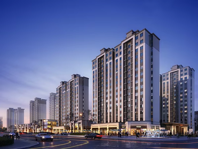 Modern High Rise Residential Buildings with Commercial Ground Floor Street View and Twilight Evening Lighting 3d model