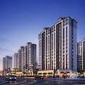 Modern High Rise Residential Buildings with Commercial Ground Floor Street View and Twilight Evening Lighting