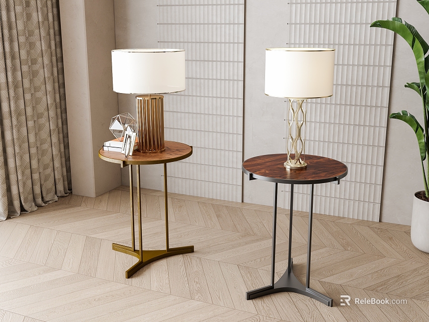 Side Tables With Wooden Tops Gold Black Metal Bases And White Shade Table Lamps 3d model 