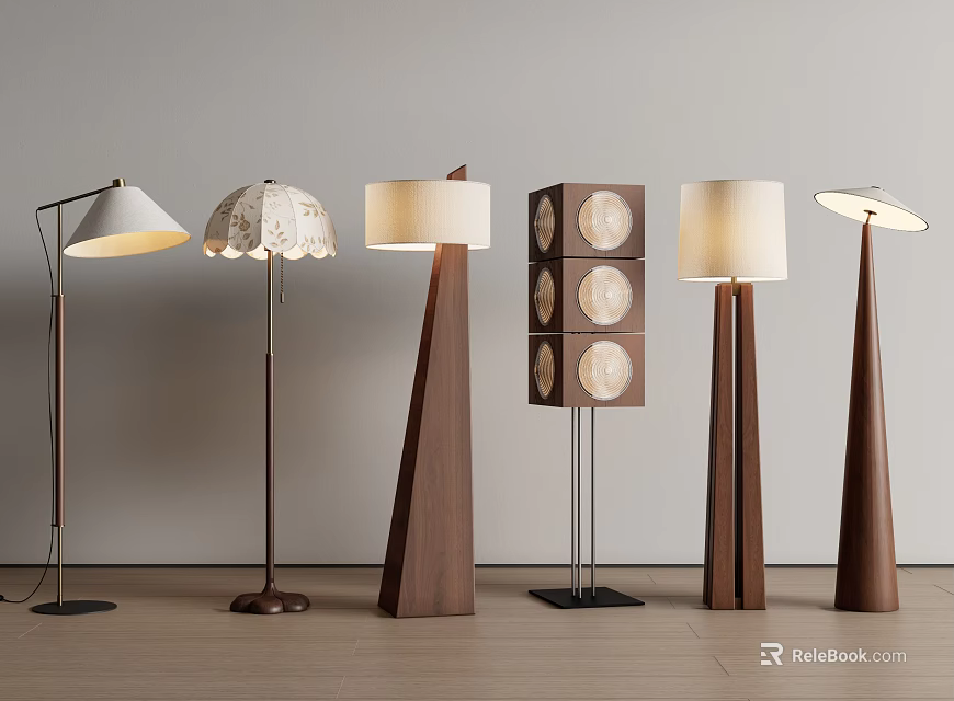 Various Modern Floor Lamps With Wooden Metal Bases And Stylish Lampshades 3d model 