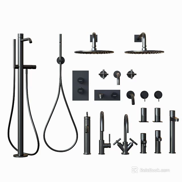Modern Black Shower System Components With Handheld Overhead Sprayers And Control Panels 3d model 