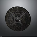 Ancient Round Shield With Central Metal Boss Intricate Engravings And Wooden Frame