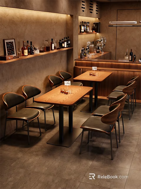 Rustic Restaurant Interior With Wooden Tables Black Leather Chairs And Bar Counter With Wine Bottles 3d model 