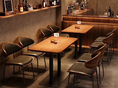 Rustic Restaurant Interior With Wooden Tables Black Leather Chairs And Bar Counter With Wine Bottles 3d model