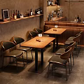 Rustic Restaurant Interior With Wooden Tables Black Leather Chairs And Bar Counter With Wine Bottles