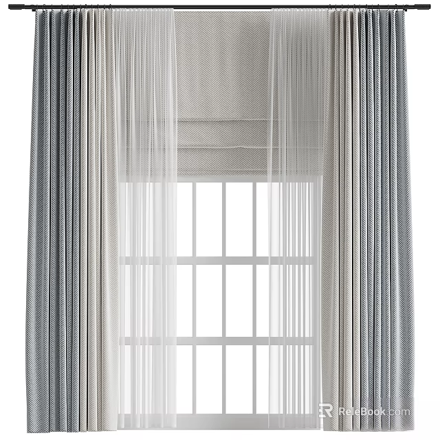 Gray And White Textured Curtains With Sheer Layers For Window Decoration 3d model