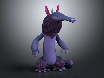 Cartoon Style Fantasy Creature Character Sitting With Purple Body Pink Ears And Long Nose 3d model