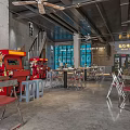 Industrial Style Hotpot Restaurant Interior With Red Decor Metal Tables Chairs And Ceiling Fans