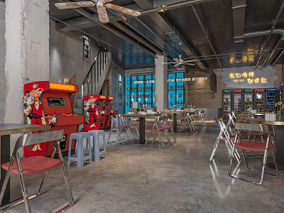 Industrial Style Hotpot Restaurant Interior With Red Decor Metal Tables Chairs And Ceiling Fans 3d model