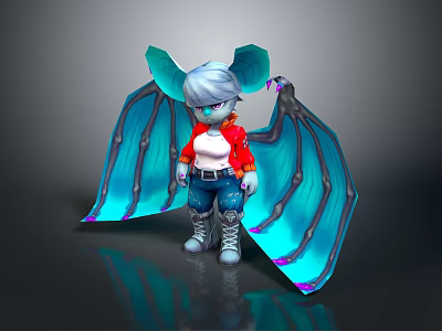 Game And Movie Character With Large Ears Turquoise Wings Red Jacket Blue Jeans Gray Boots 3d model