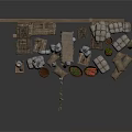 Rustic Storage Building With Wooden Crates Stacked Sacks Clay Pots And Small Tree