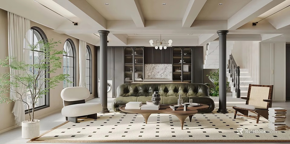 Elegant Living Room Interior With Green Leather Sofa Dark Bookshelves Round Chandelier And Arched Windows 3d model 