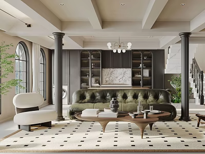 Elegant Living Room Interior With Green Leather Sofa Dark Bookshelves Round Chandelier And Arched Windows 3d model